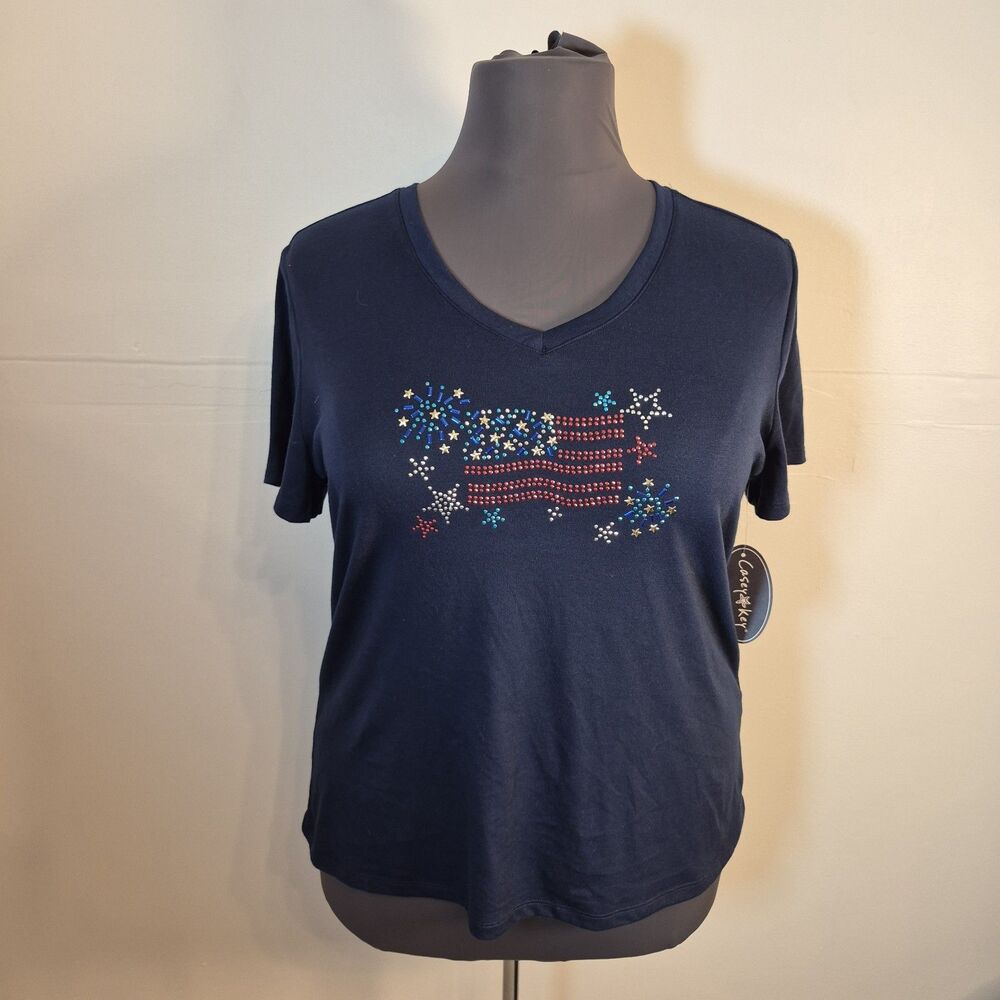 Casey Key Women's Patriotic Studded Flag Shirt Size 1X Blue Short Sleeve V-neck